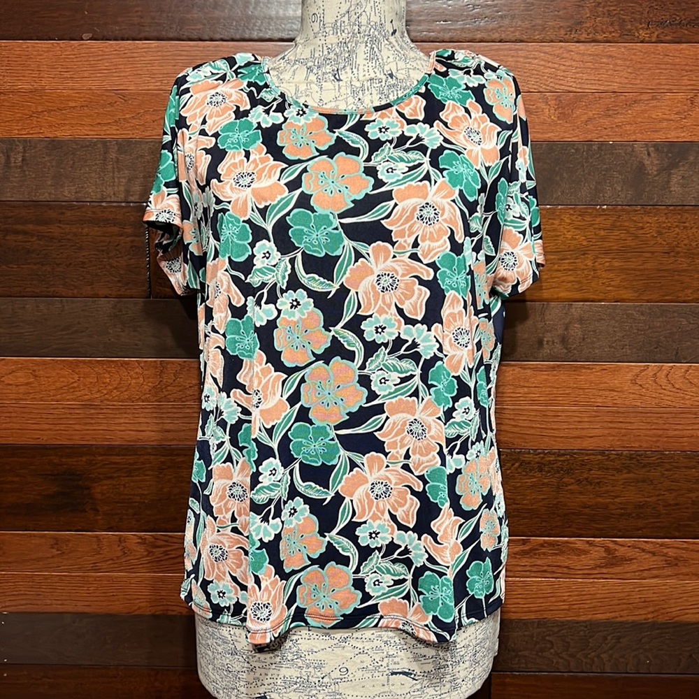 Jaclyn Smith Stretchy Scoop Neck Short Sleeve Metallic Floral Blouse Size XL